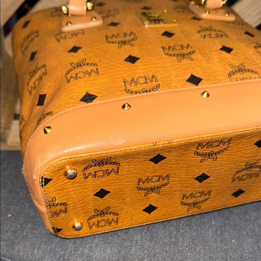 MCM Mini Cognac Leather Tote with Logo Pattern - Picture 10 of 16